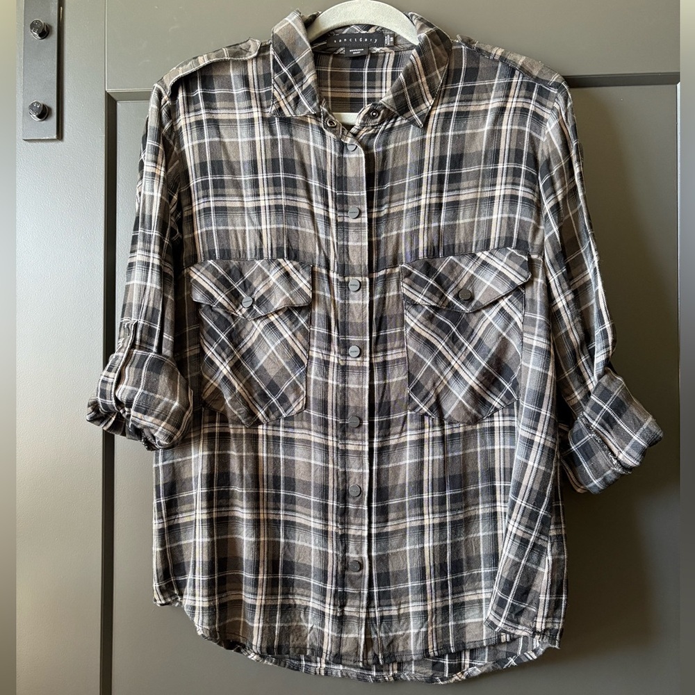 Sanctuary Black, Gray and Tan Plaid Boyfriend Shirt